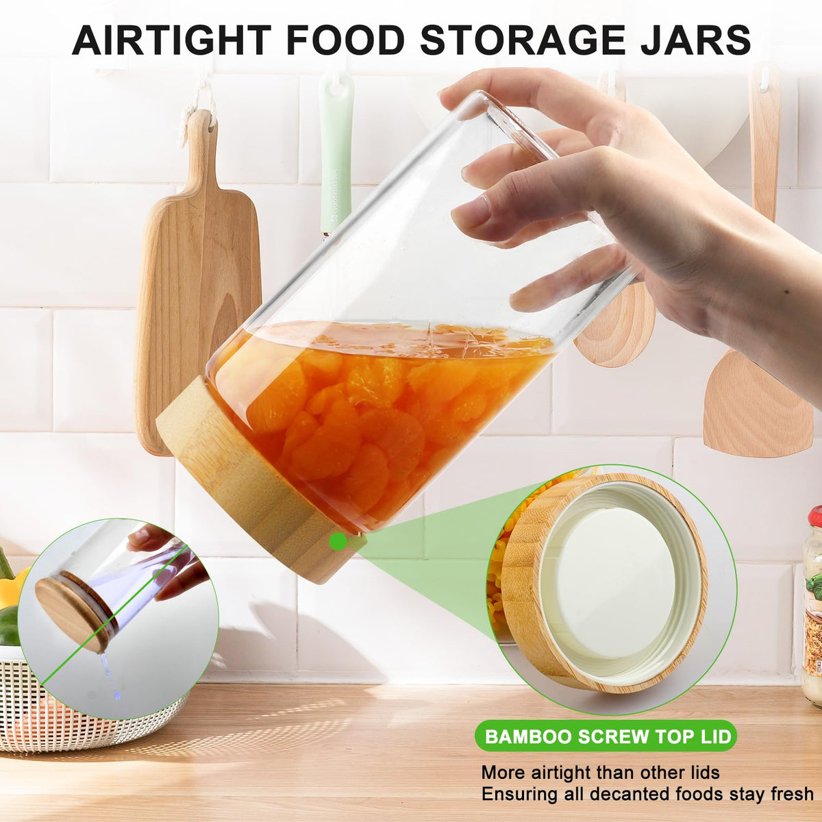 AISIPRIN 50oz glass jar with bamboo lid stores dry goods neatly and visibly.