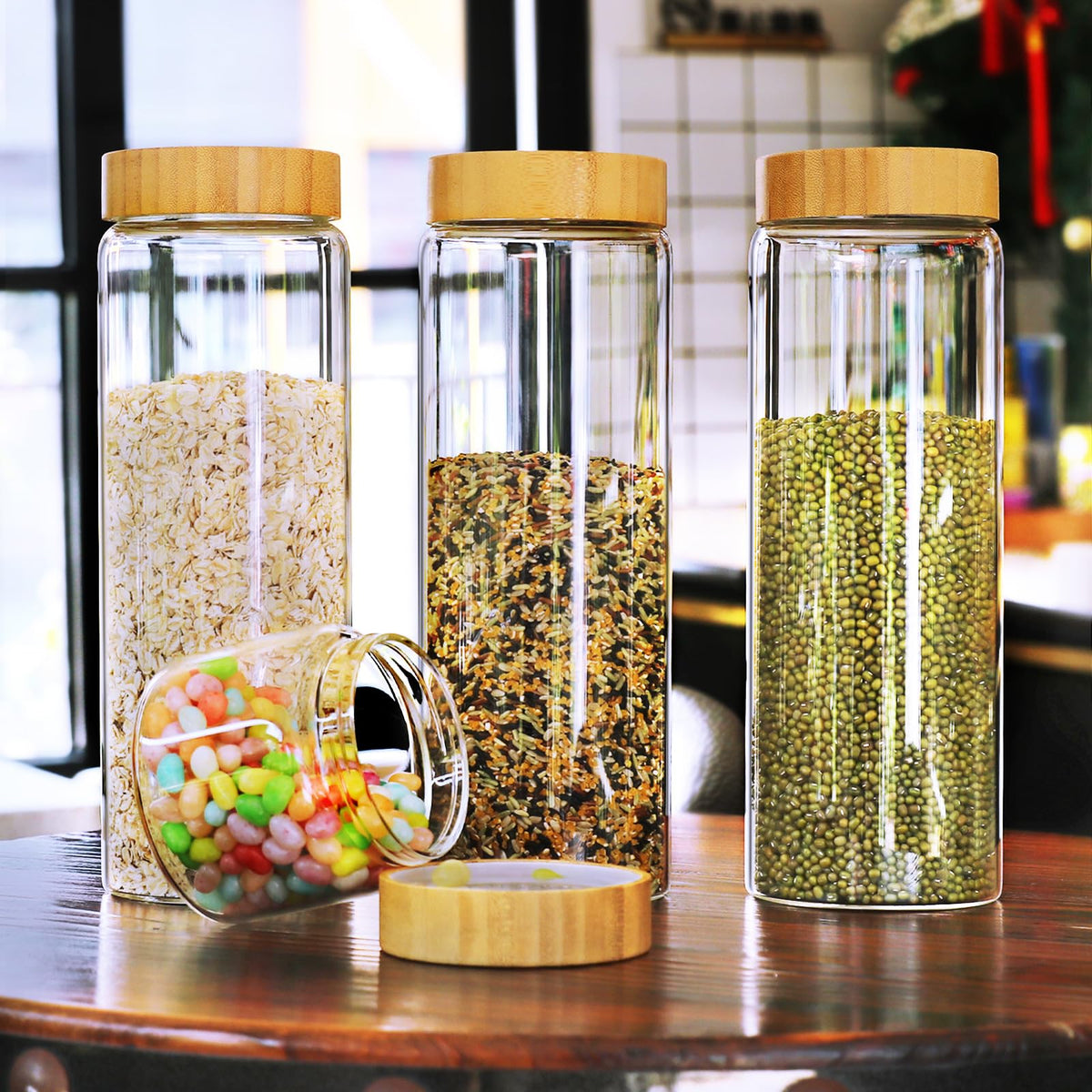 AISIPRIN elegant kitchen jar design blends natural bamboo and clear glass.