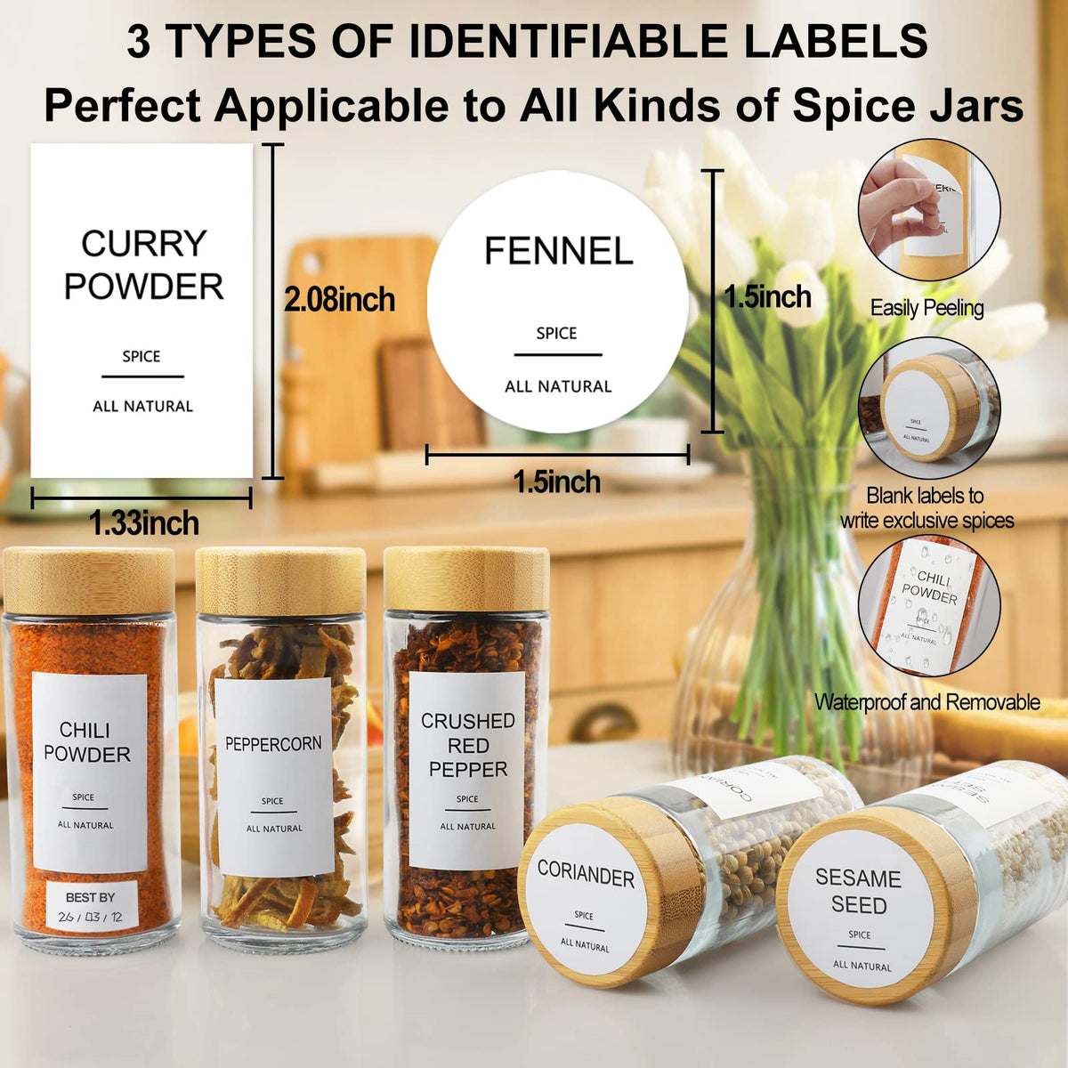 AISIPRIN glass spice jars with bamboo lids close-up highlighting airtight freshness.