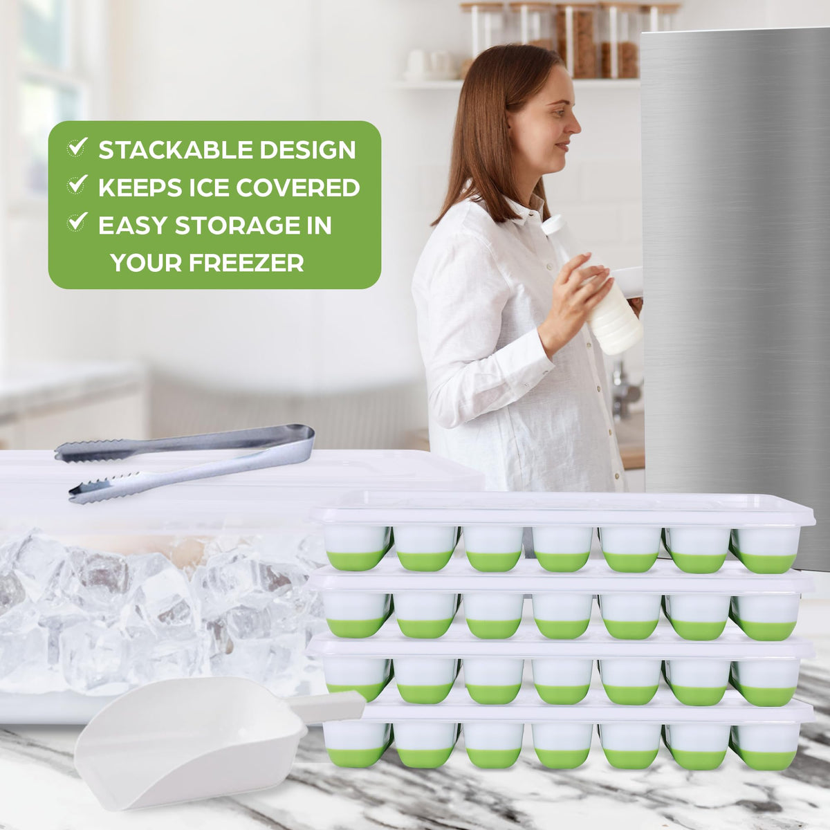AISLE 3 Essentials freezer organization keeps trays stacked neatly for quick access.