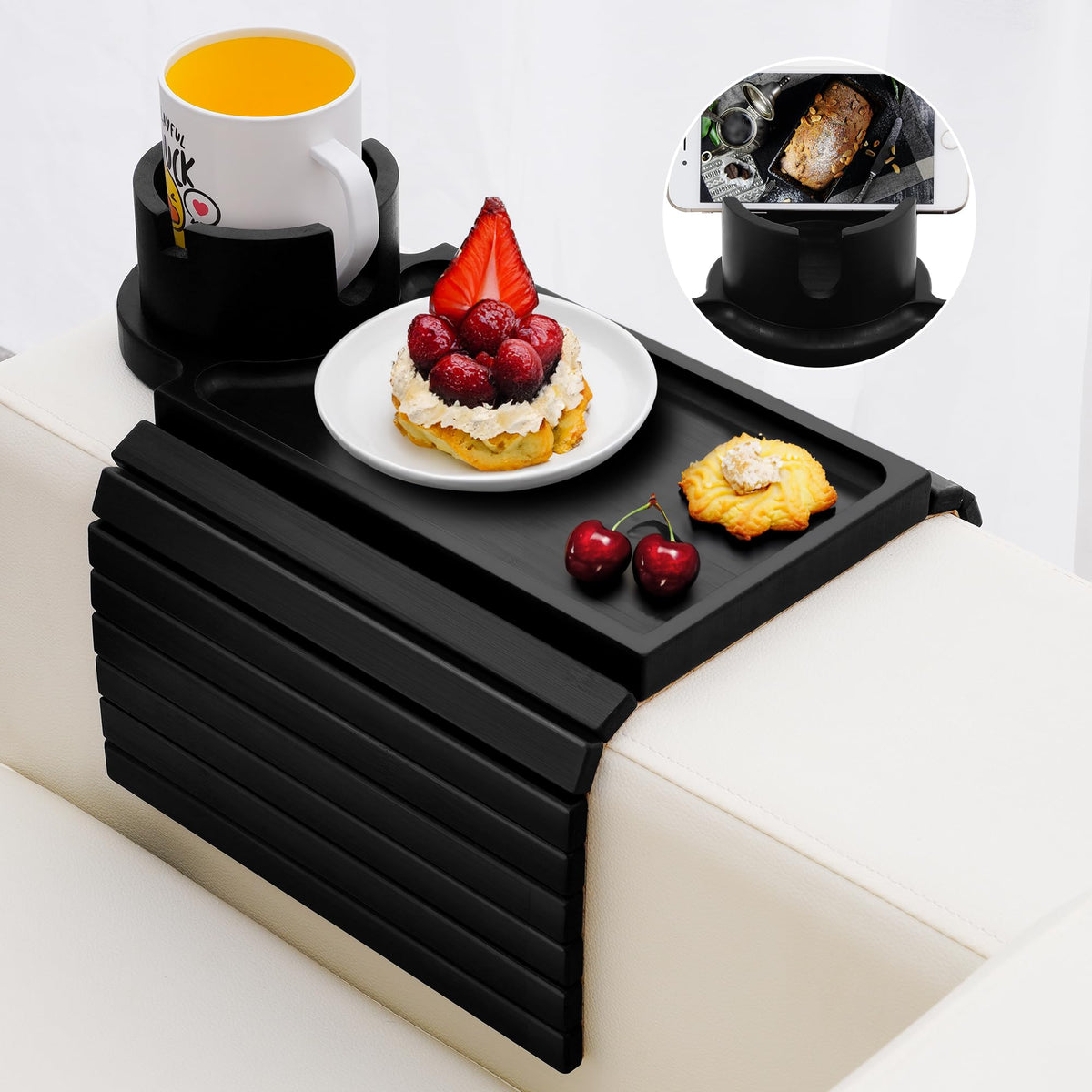 AISONGDONG couch cup holder tray 360° rotating cup holder stabilizes on arms for snacks.