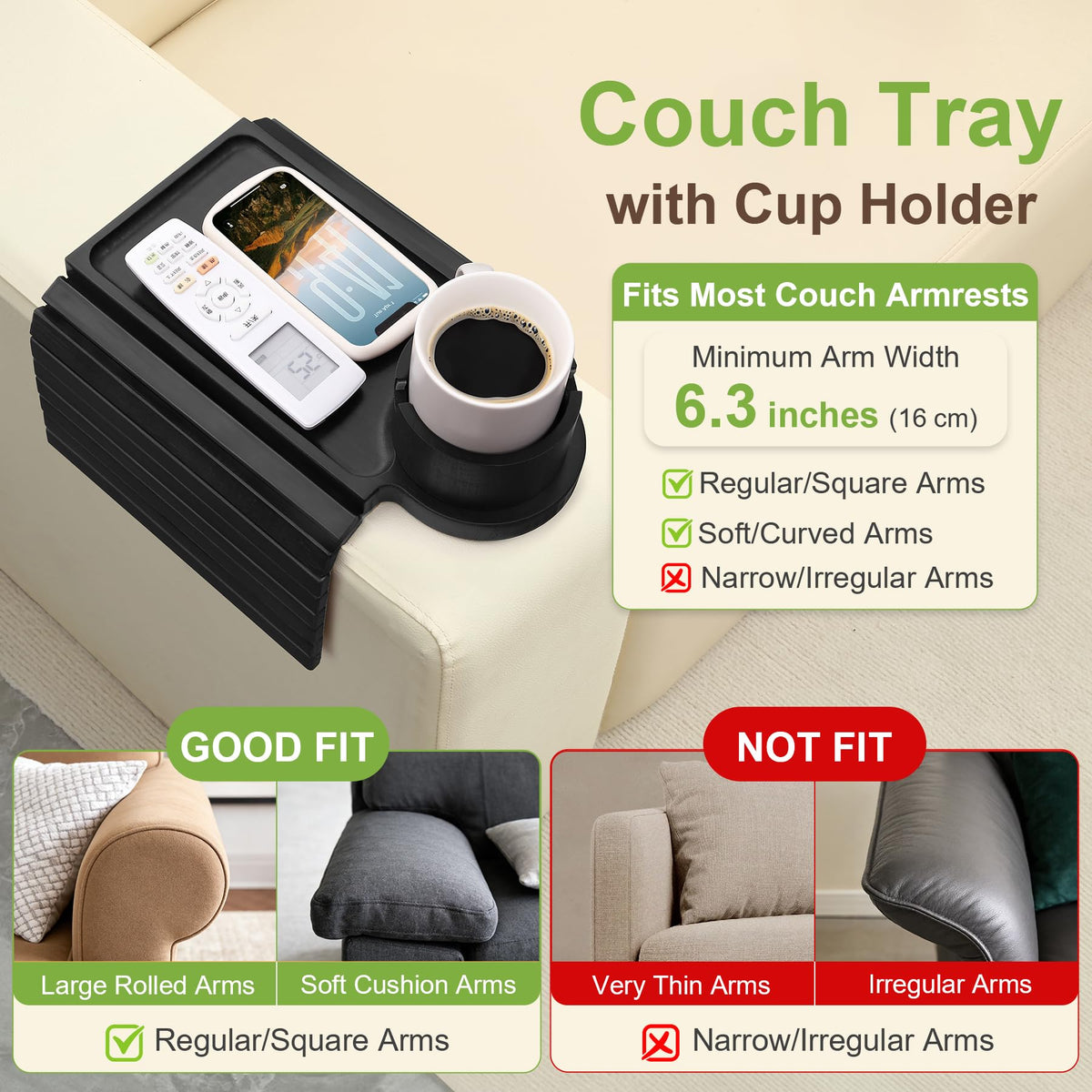 AISONGDONG couch tray with phone stand keeps remotes and phones within reach.