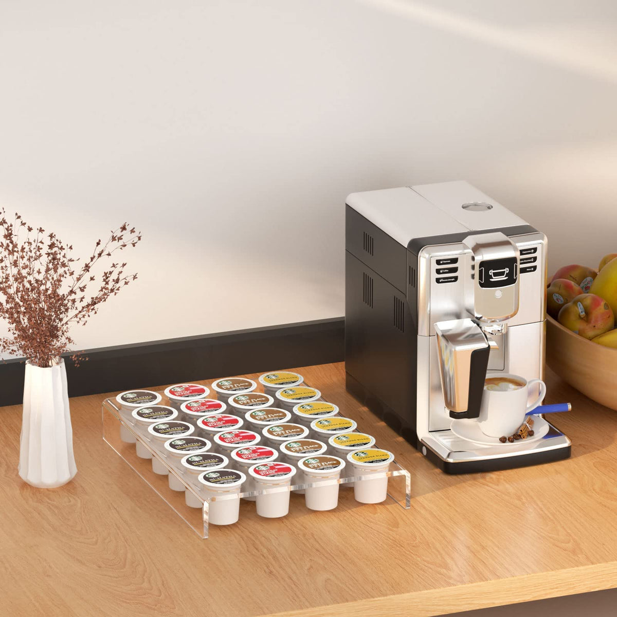Clear acrylic K Cup tray viewed from top displaying capsules