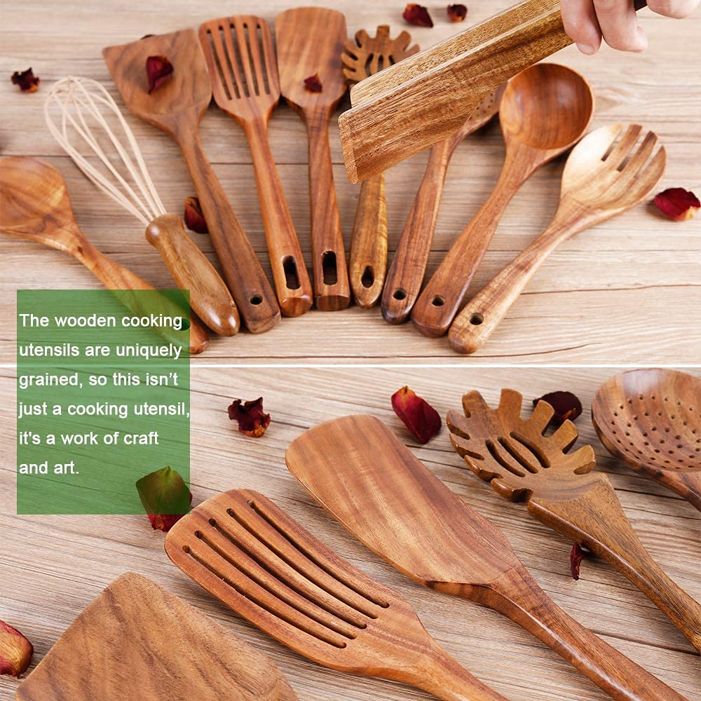 AIUHI teak wood fried spatula designed for safe lifting of fried foods