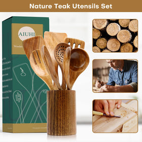 AIUHI teak wood slotted spatula ready to flip without scratching pans