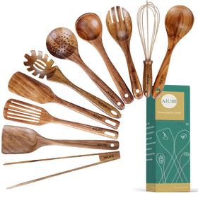 AIUHI teak wood tong with a smooth finish ideal for nonstick cookware