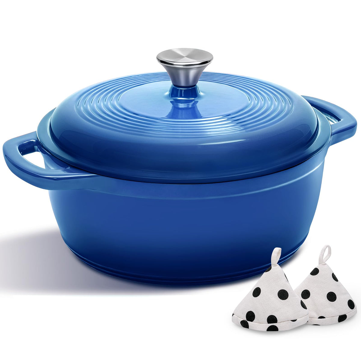AIVIKI blue 5QT cast iron Dutch oven for even heat distribution across cooking surfaces.