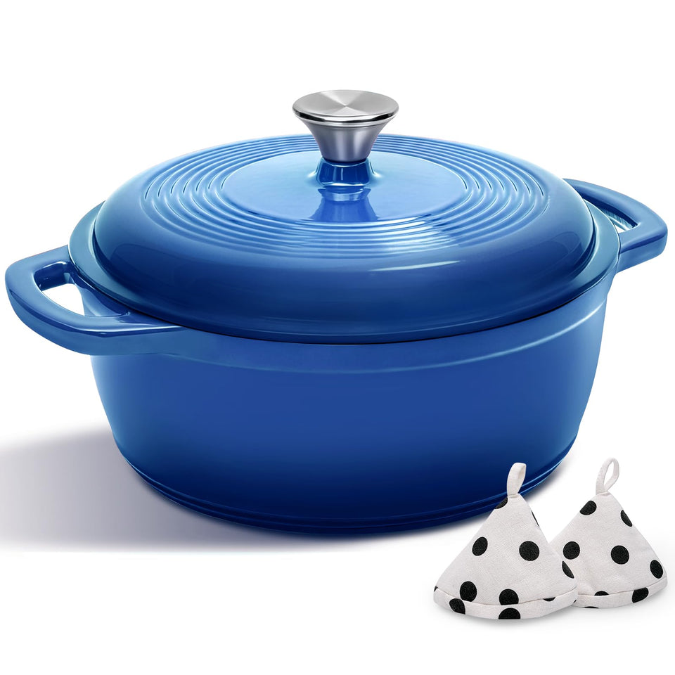 AIVIKI blue 5QT cast iron Dutch oven for even heat distribution across cooking surfaces.