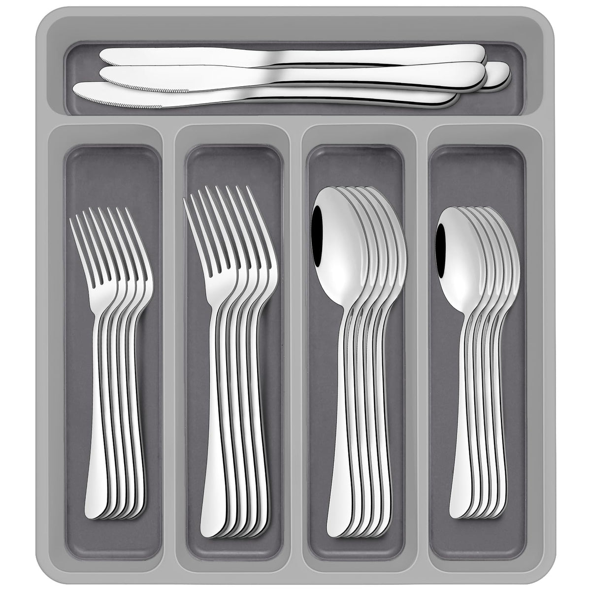 AIVIKI drawer organizer with 60-piece silverware set keeps kitchen drawers tidy.