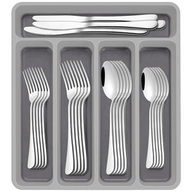 AIVIKI drawer organizer with 60-piece silverware set keeps kitchen drawers tidy.
