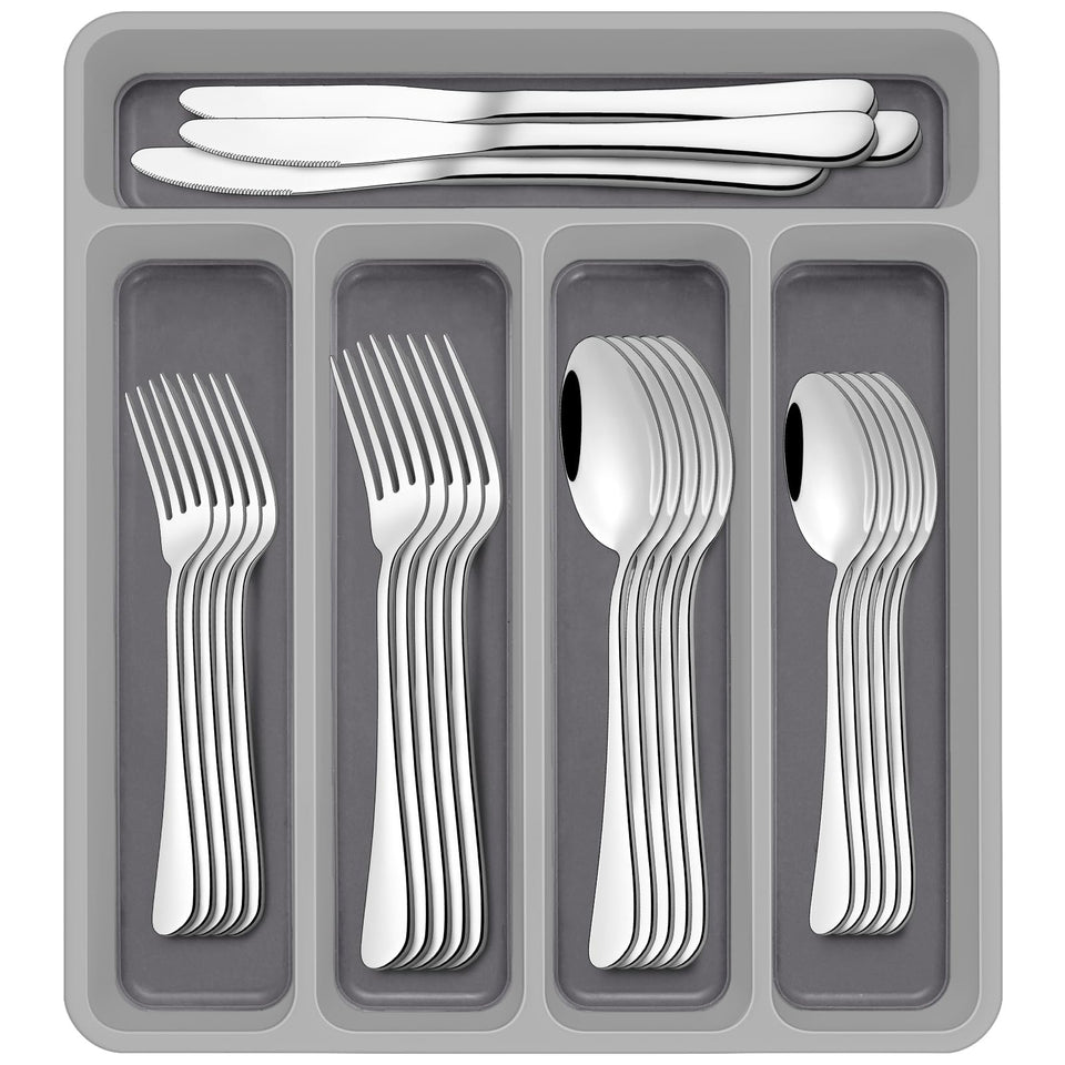 AIVIKI drawer organizer with 60-piece silverware set keeps kitchen drawers tidy.
