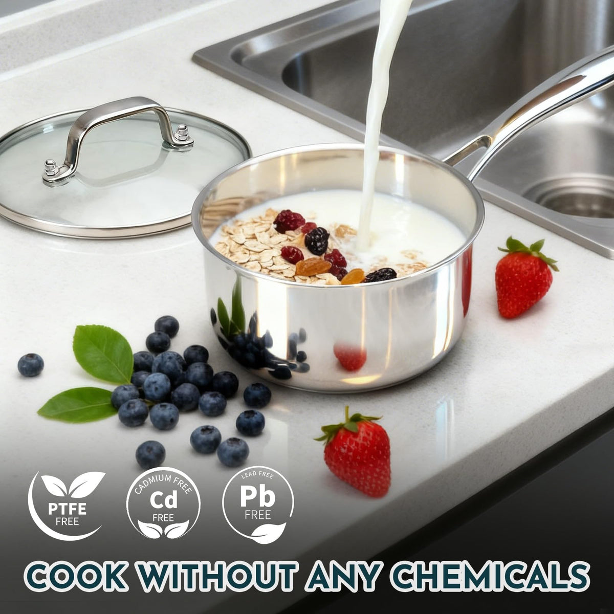 AIVIKI cookware set oven-safe up to 500°F for finishing dishes.