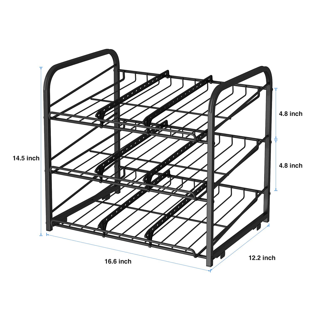 AIYAKA Can Rack Tilt-30-Degrees allows front cans to roll forward for easy removal.