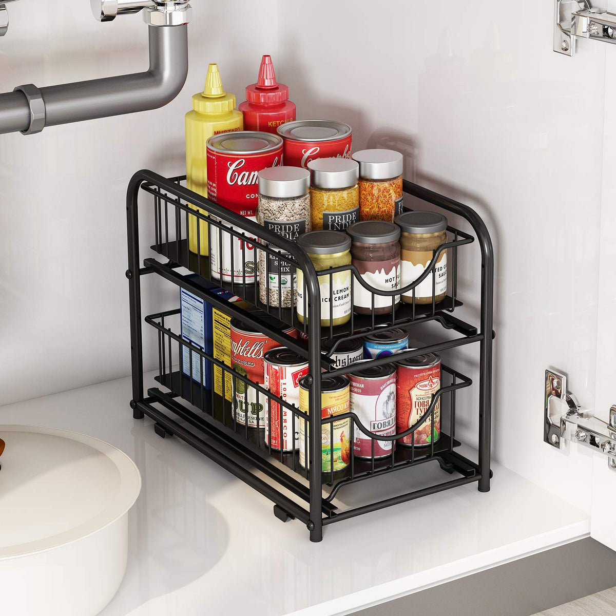 AIYAKA pull-out cabinet organizer side view showing compact under-sink fit
