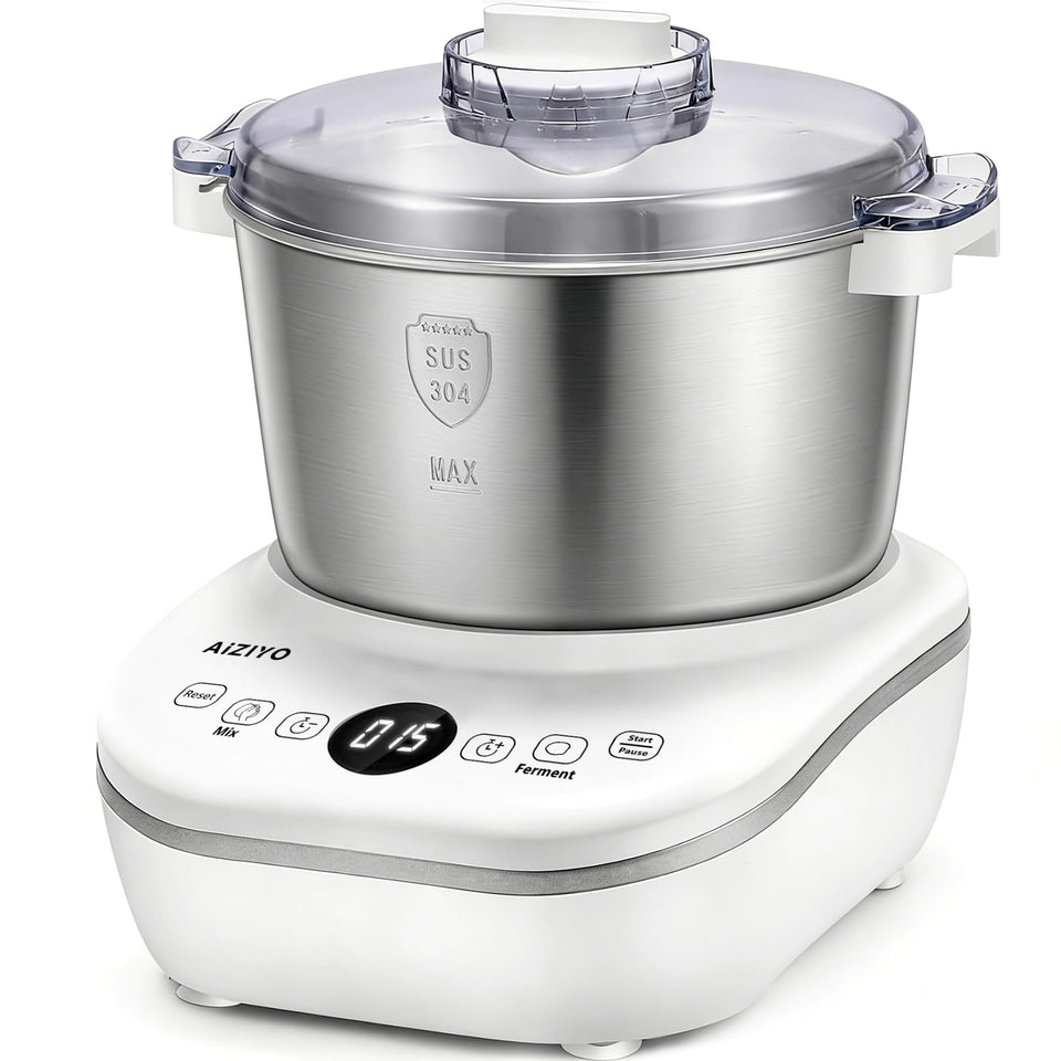 AIZIYO DoughChief front view with 7.4QT stainless bowl for home bread and pizza dough