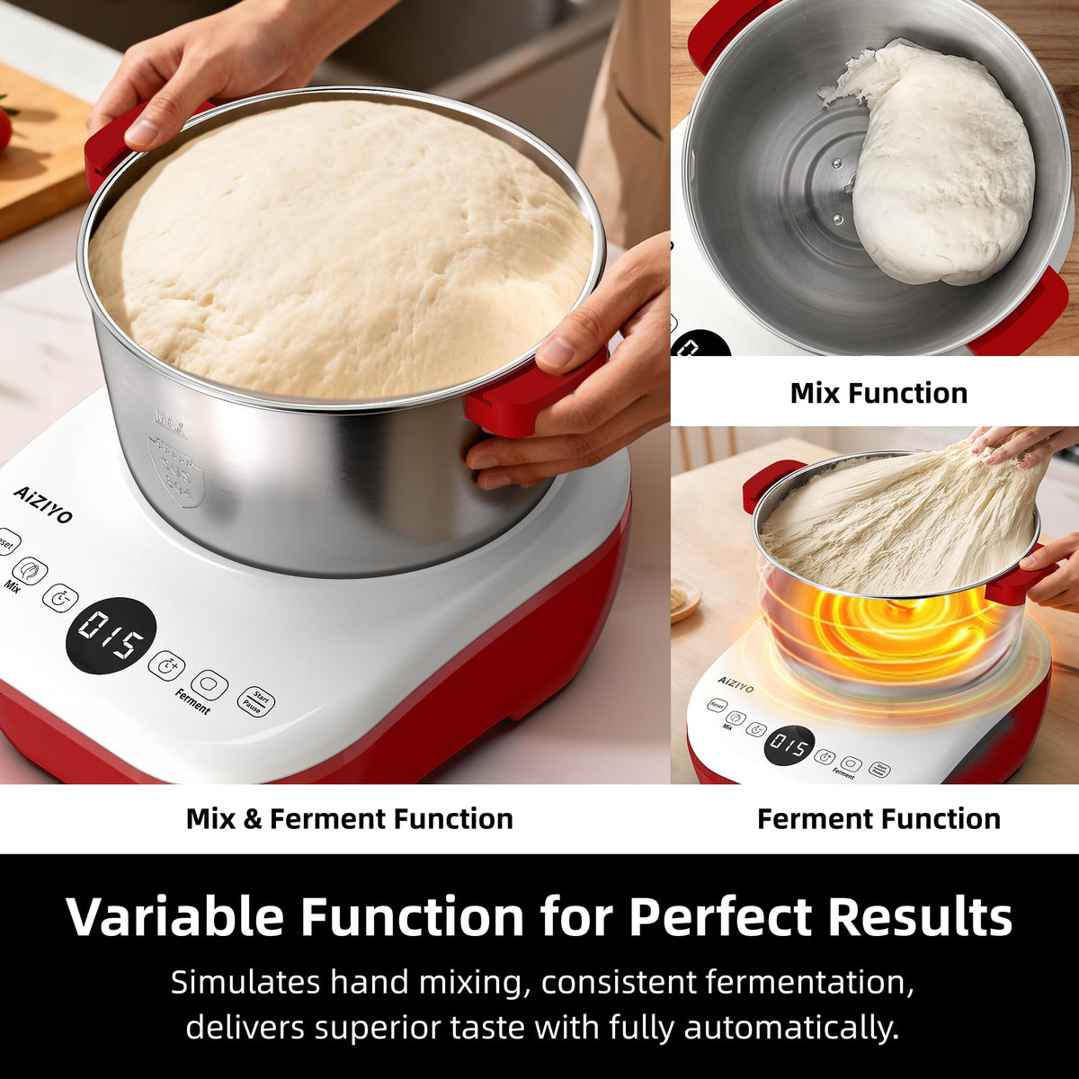AIZIYO DoughChief top-opening design lets you add ingredients without pausing.
