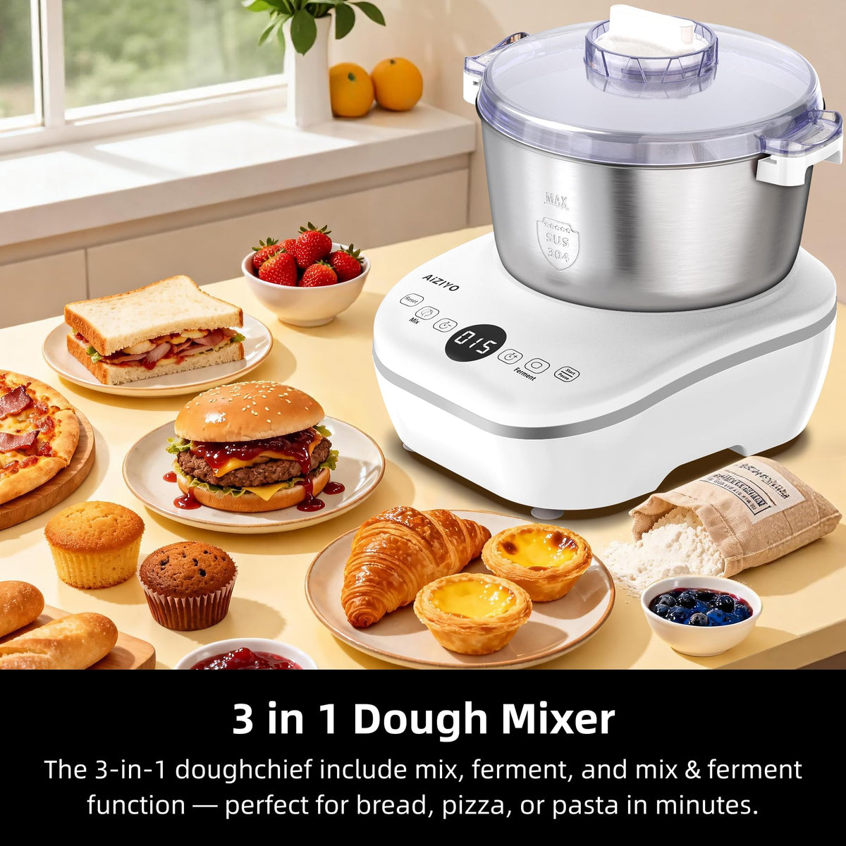 AIZIYO DoughChief removable lid enabling easy ingredient additions mid‑mix