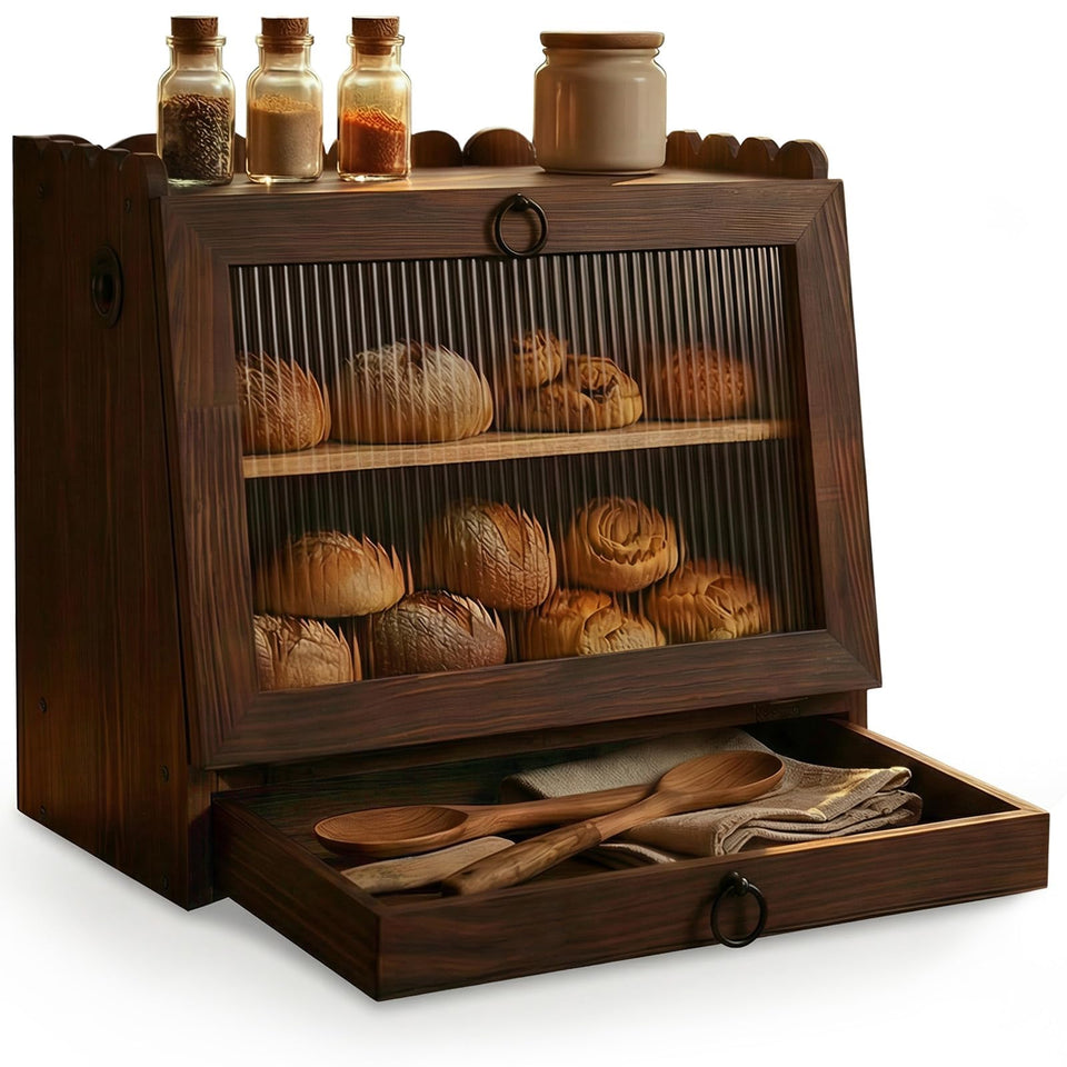 AIZMOZIA breadbox front view shows two-layer storage for organized contents.