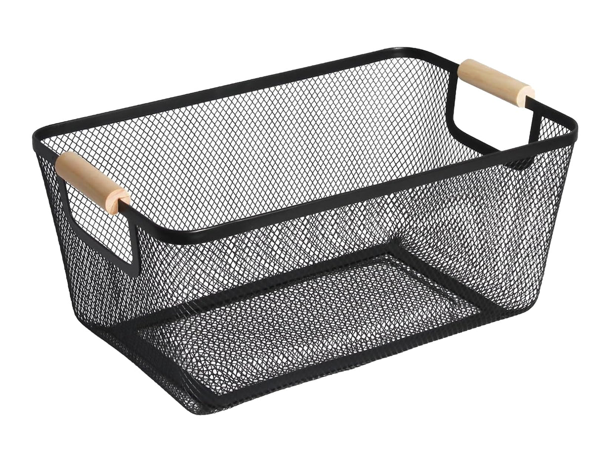 AJIODA metal mesh basket with wood handle for versatile storage and easy transport.