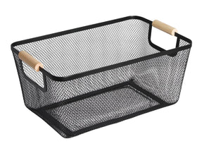 AJIODA metal mesh basket with wood handle for versatile storage and easy transport.
