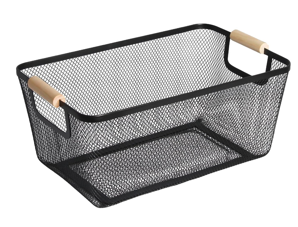 AJIODA metal mesh basket with wood handle for versatile storage and easy transport.