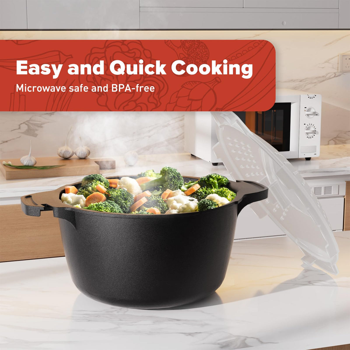 AJXX Lockable lid steamer prevents spills during microwave cooking.