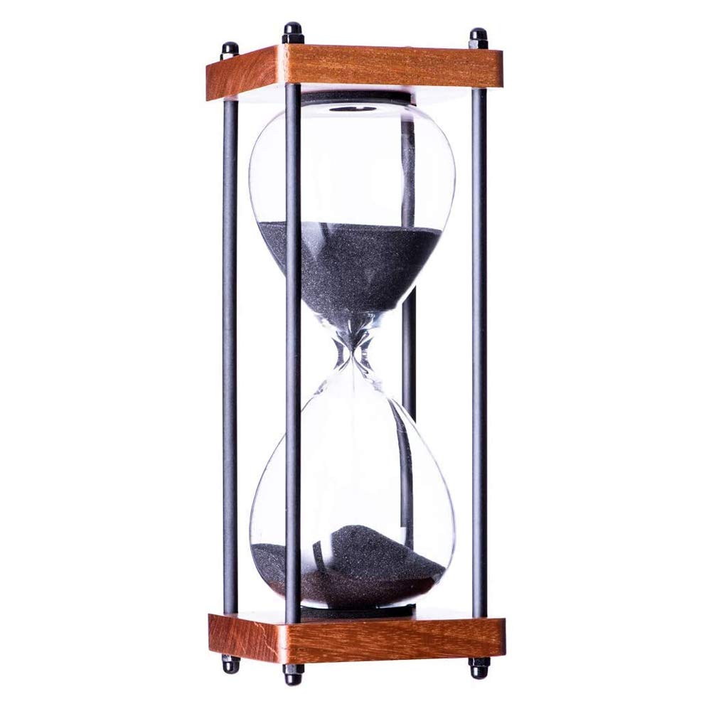 AKAKA MUNING decorative wooden sandglass closeup showing fine sand flow.