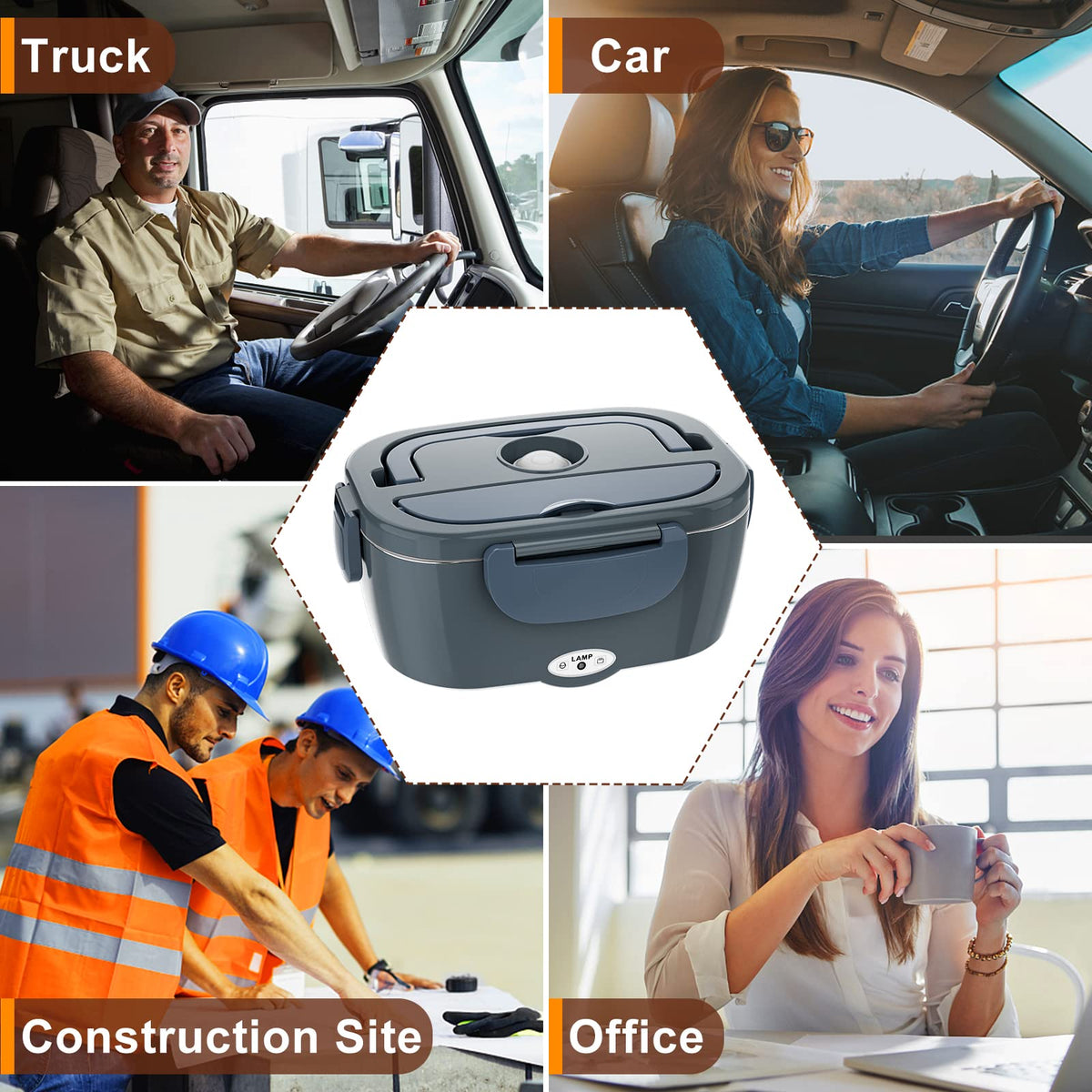 Akhia lunch box in car shows 12V use, convenient for meals on the move.