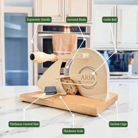 Akia Collection hand crank bread cutter delivering quiet, precise slicing.