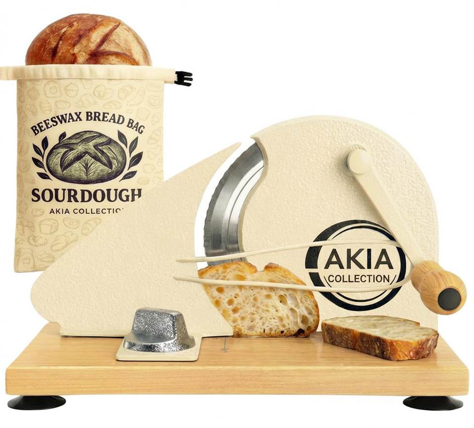 Akia Collection manual bread slicer with adjustable thickness for uniform artisan slices.