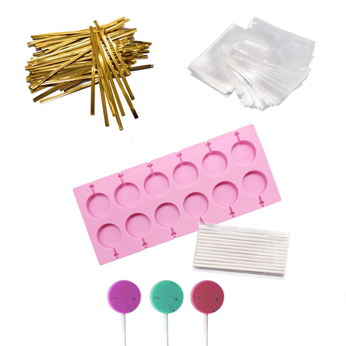 AKINGSHOP round pink 12-cavity lollipop mold for colorful candy creations.