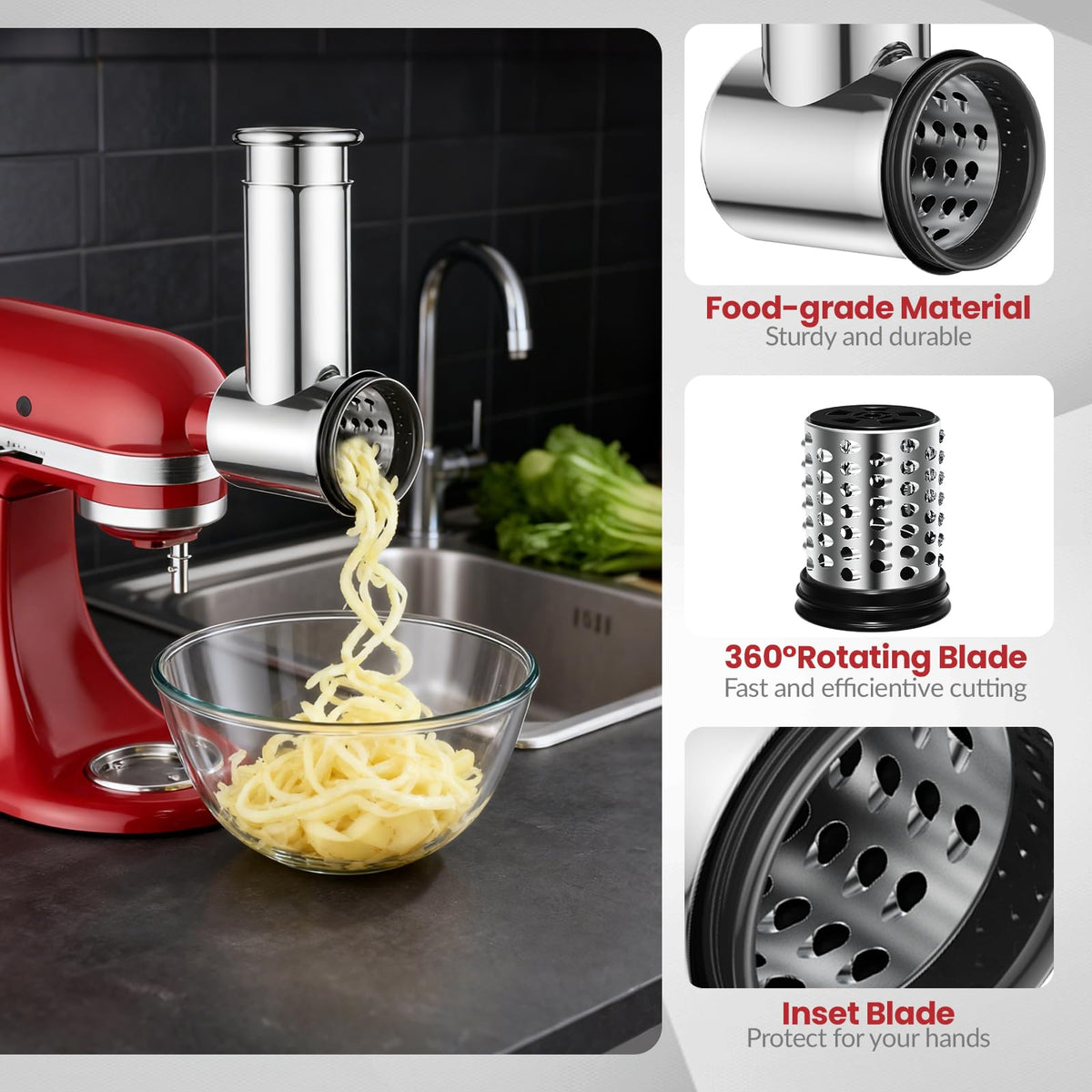 Akiosk KitchenAid-compatible attachment with four blades ready for slicing, shredding, or grinding.