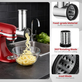 Akiosk KitchenAid-compatible attachment with four blades ready for slicing, shredding, or grinding.