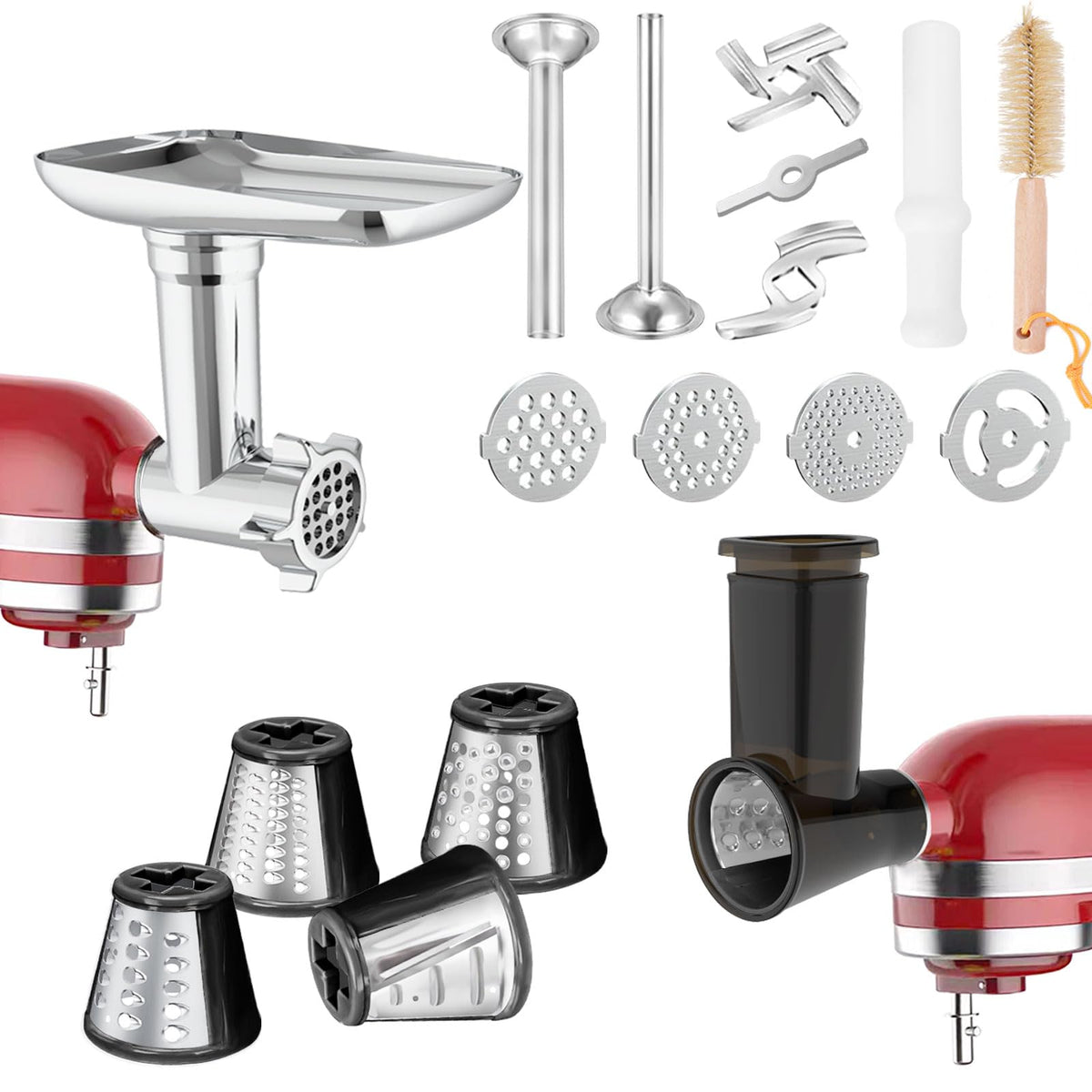 Akiosk meat grinder attachment front view highlights sturdy aluminum build for reliable grinding