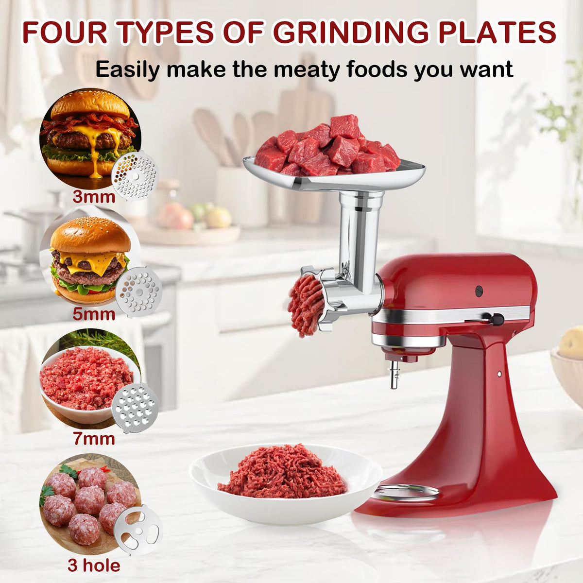 Akiosk meat grinder attachment side view demonstrates compact design for KitchenAid compatibility