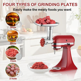 Akiosk meat grinder attachment side view demonstrates compact design for KitchenAid compatibility