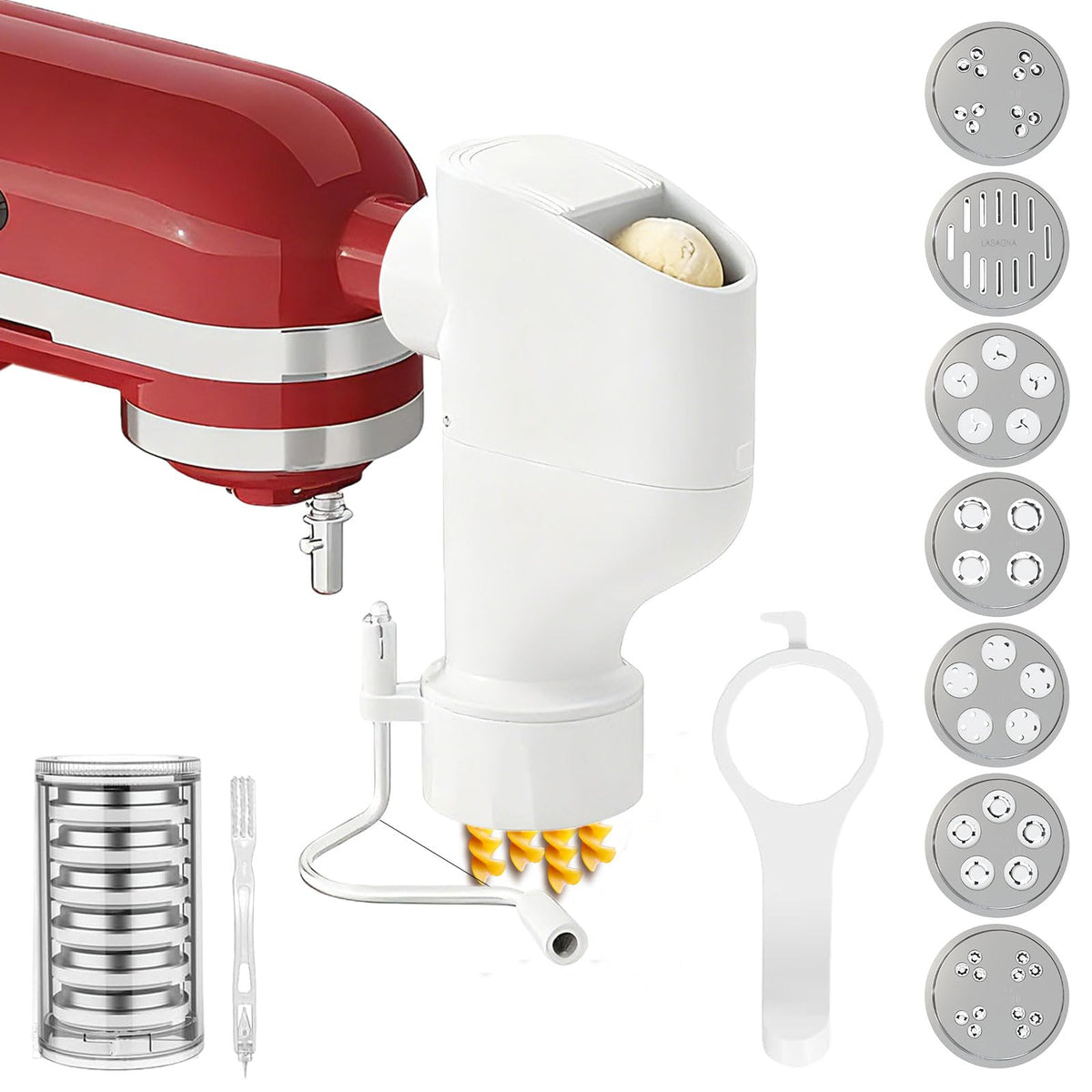 Akiosk pasta press attachment assembly view enables quick shape switching for homemade pasta.
