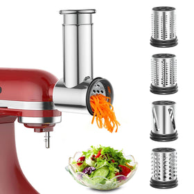 Akiosk stainless steel slicer-shredder attachment on a KitchenAid mixer for smooth prep.