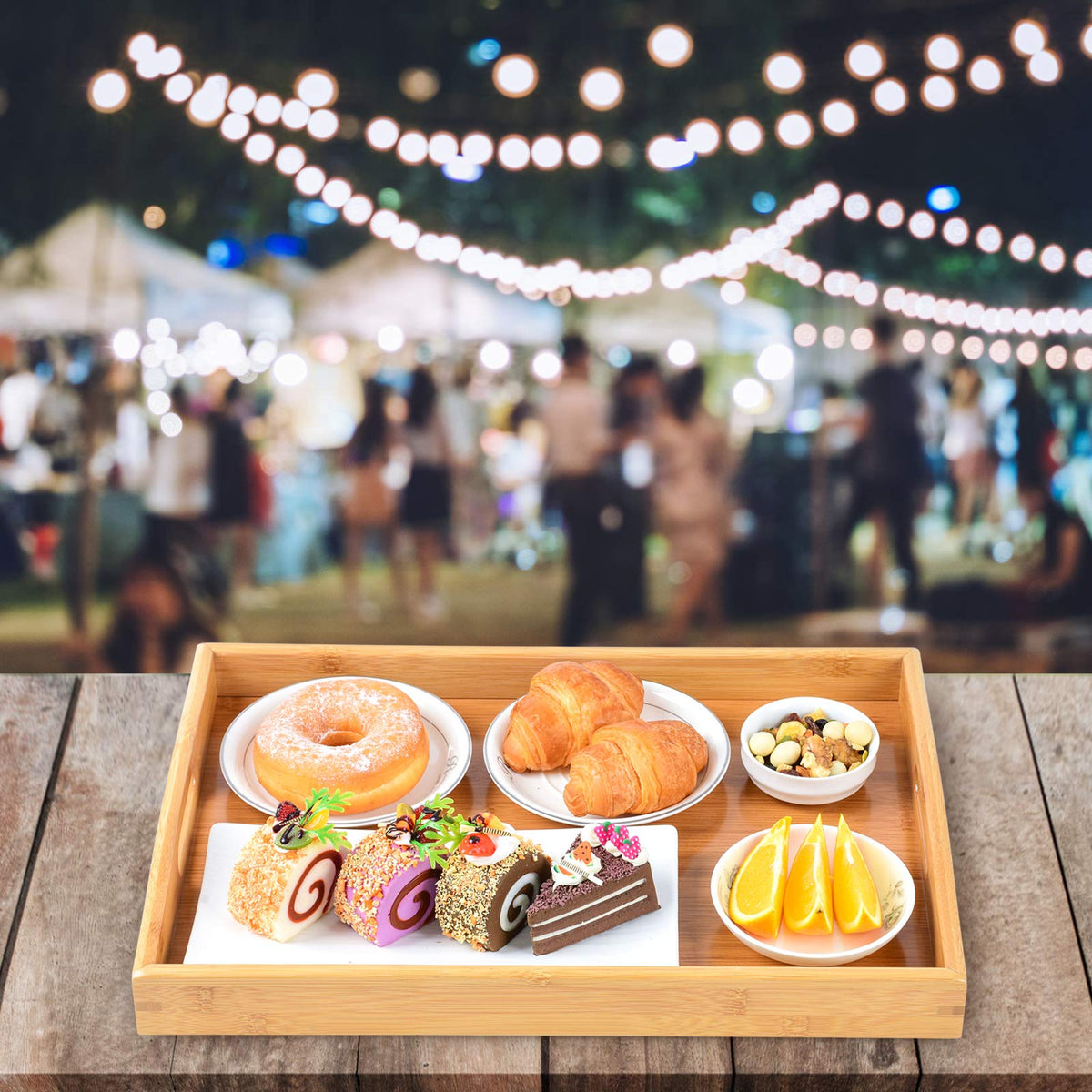 AKKAJJ bamboo serving trays small with handles for compact meals.