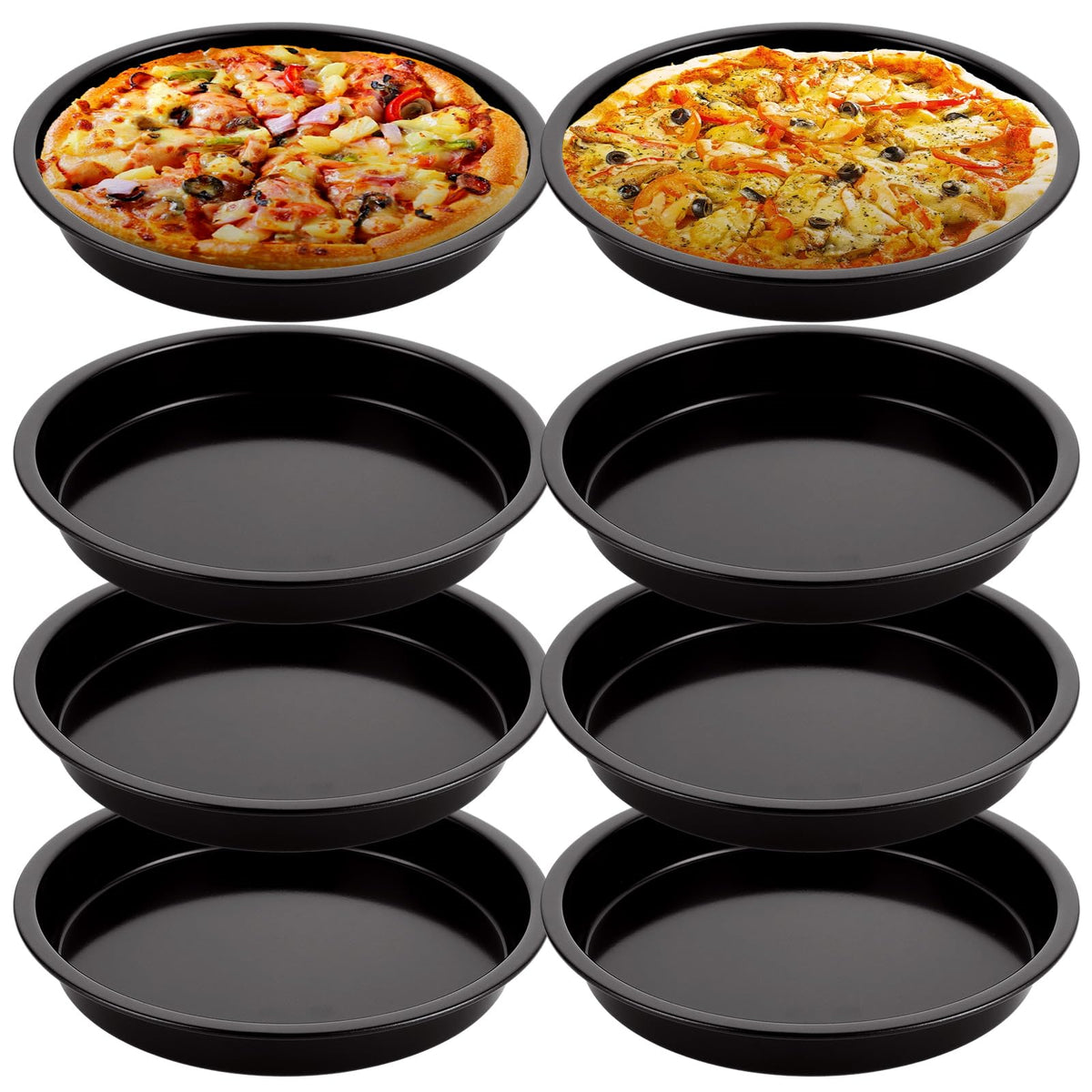 AKOLAFE 8-pack deep dish pizza pans shown for 7-inch personal pizzas, compact and ready to use.
