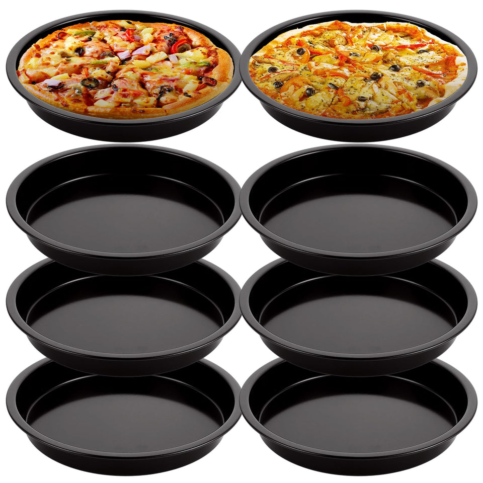 AKOLAFE 8-pack deep dish pizza pans shown for 7-inch personal pizzas, compact and ready to use.