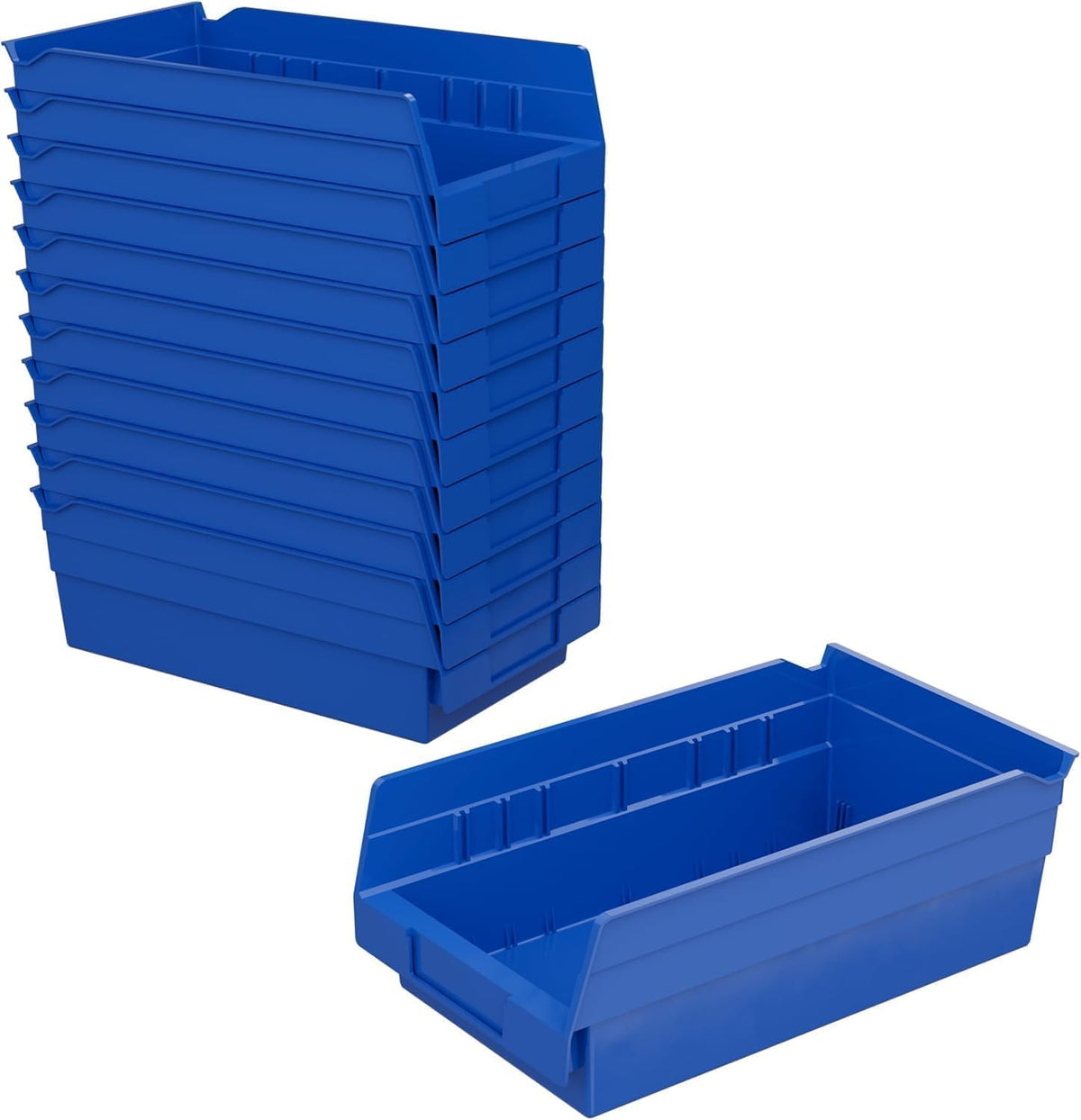 Akro-Mils 30130 blue shelf bin on garage shelf for spill-free access.