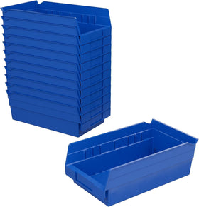 Akro-Mils 30130 blue shelf bin on garage shelf for spill-free access.