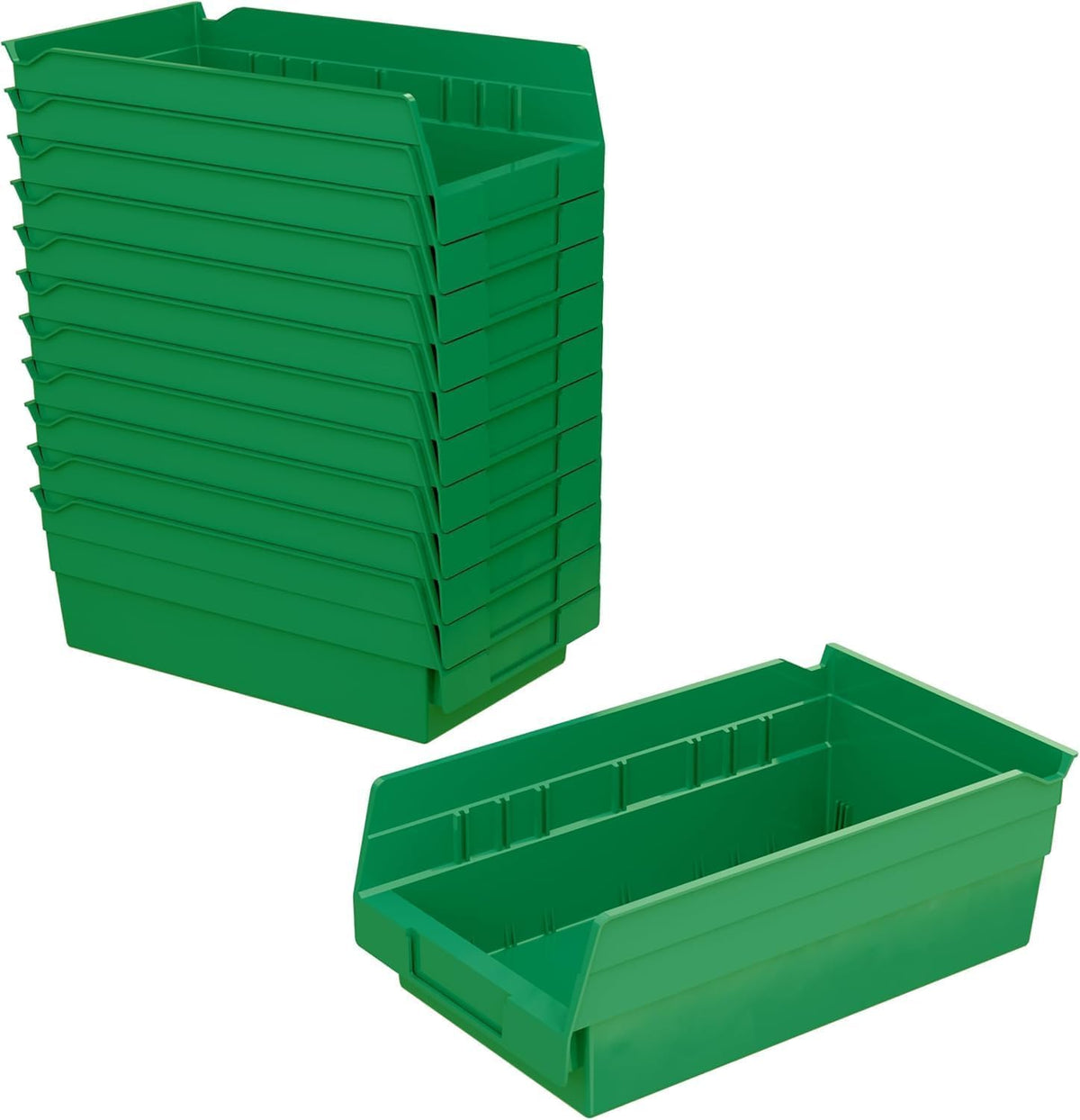 Akro-Mils 30130 green shelf bin on a shelf for organized storage.