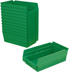 Akro-Mils 30130 green shelf bin on a shelf for organized storage.