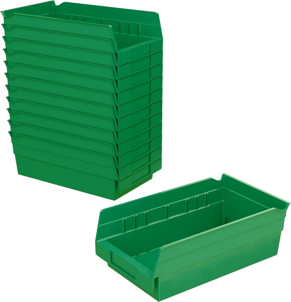 Akro-Mils 30130 green shelf bin on a shelf for organized storage.