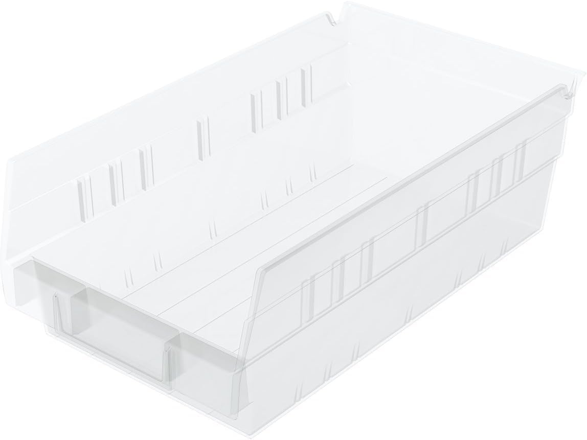 Akro-Mils 30130 plastic shelf bin clear front view for easy access and organization