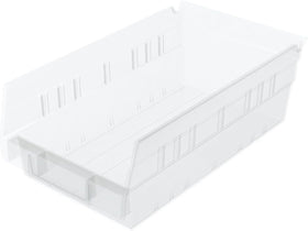 Akro-Mils 30130 plastic shelf bin clear front view for easy access and organization