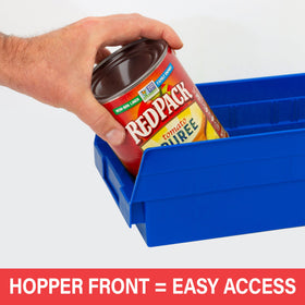 Akro-Mils 30130 curved-front bin supports easy retrieval.