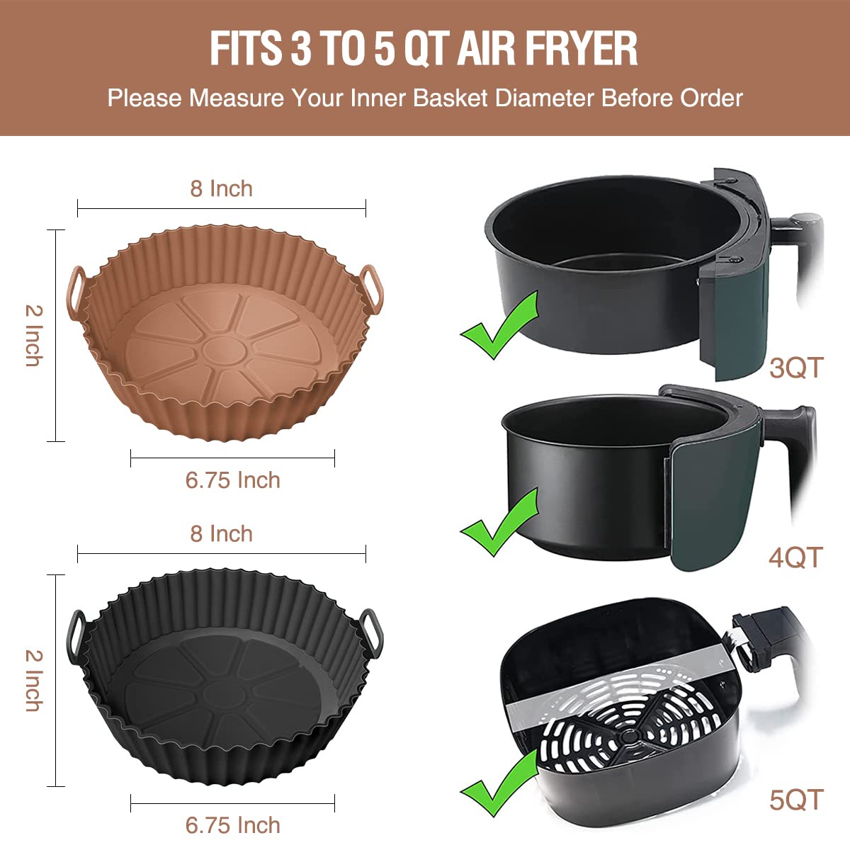AKSDTH silicone liner fit 3-qt to 5-qt air fryer, prevents sticking.